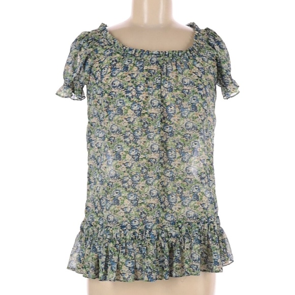 Decree Spring Summer Blue & Green Floral Chiffon Short Sleeves Ruffle Hem Top - Picture 6 of 7